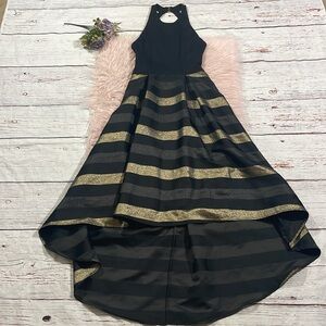 Hutch Dress Black & Gold High Low Dress Halter Crew Neckline Open Back